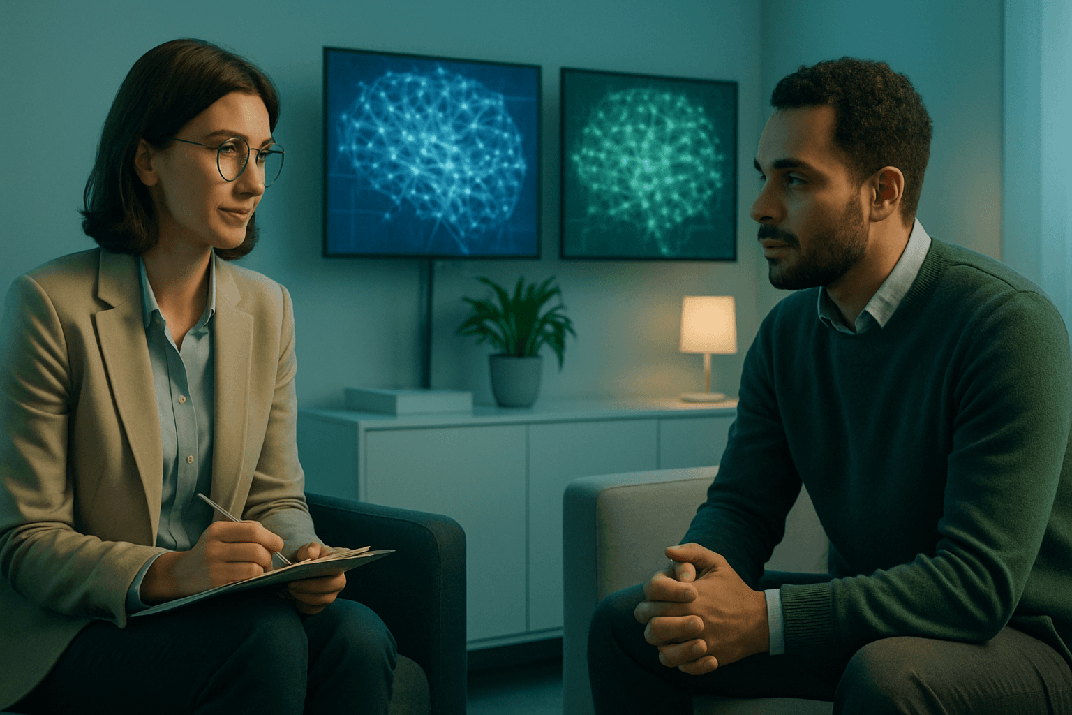 AI-enhanced mental health therapy session in a modern corporate healthcare setting