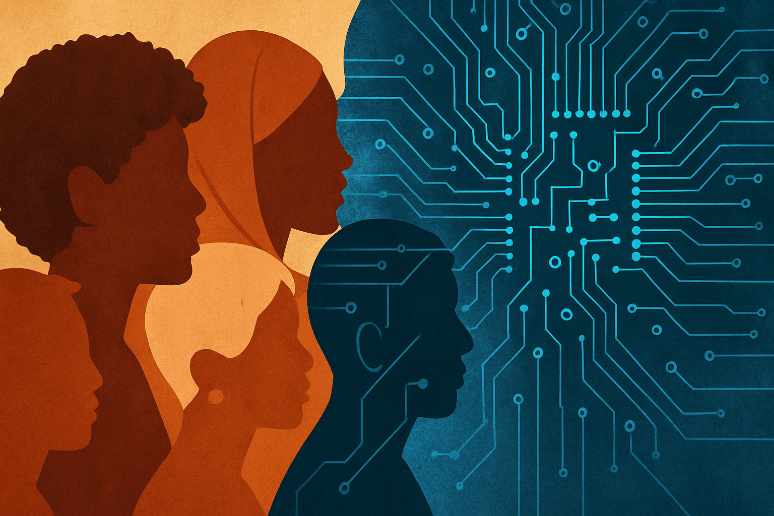 Diverse group of people with AI algorithm patterns highlighting equity themes
