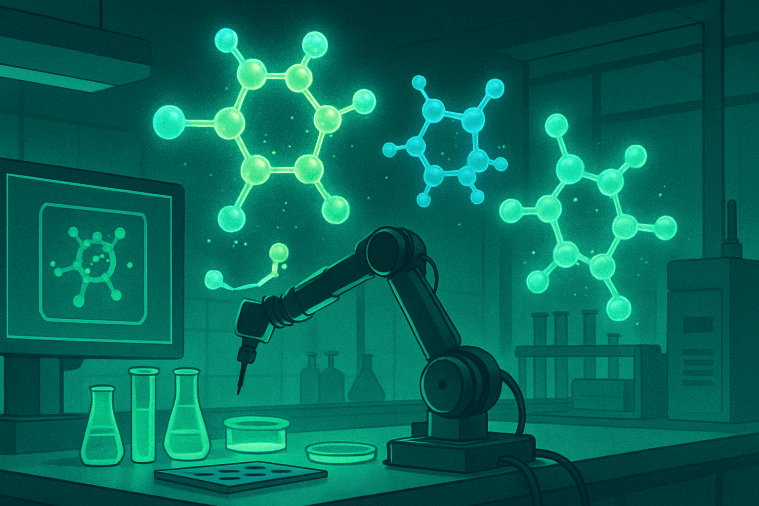 Molecular structure visualization with AI-generated drug compounds in laboratory