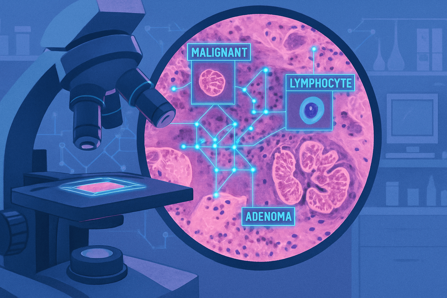 Digital pathology microscope view with AI overlay highlighting tissue analysis