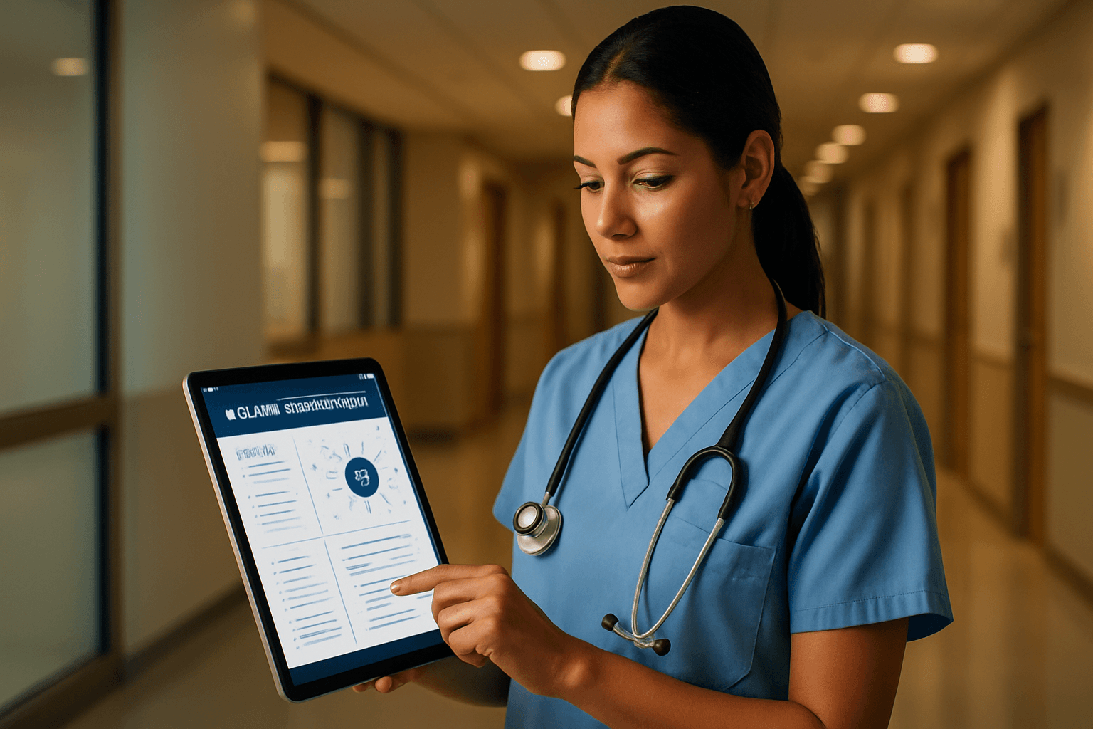 Nurse using tablet with AI-powered clinical documentation in hospital corridor