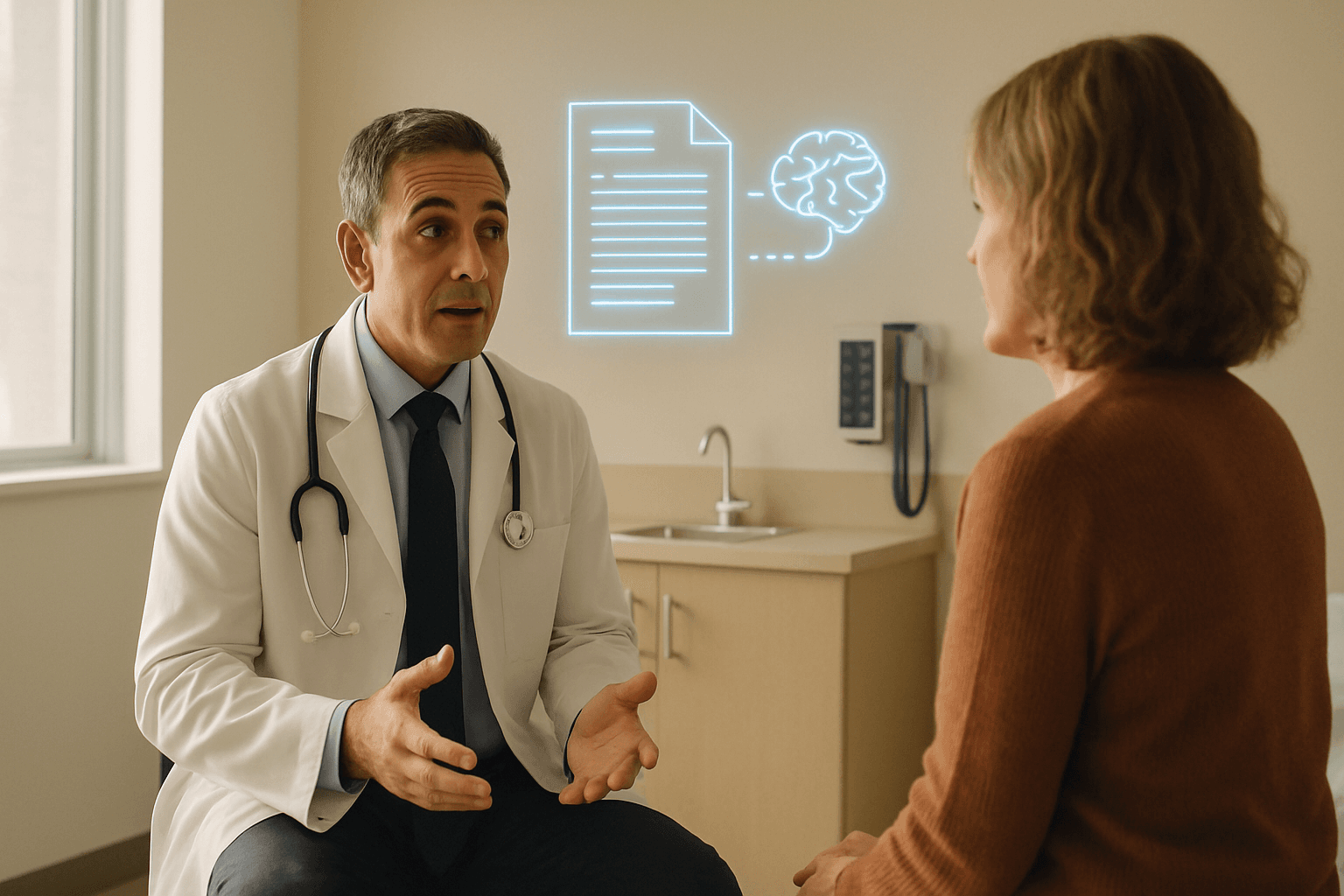 Doctor in exam room with ambient AI documenting patient encounter